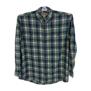 Duluth Trading Company Men's LS 100% Cotton Flannel Green and Blue Plaid Shirt L